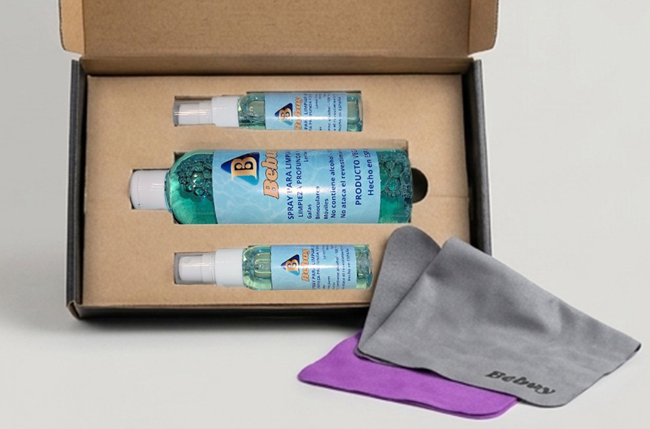 kit completo limpiar pantallas lentes y gafas bebuy producto vegano sin alcohol hecho en España